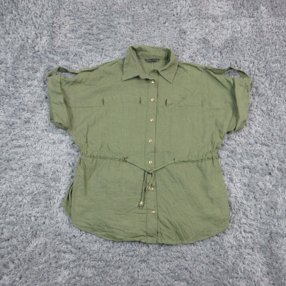 Zara Shirt Womens Small Green Collared Button Front Drawstring Waist Tunic Top